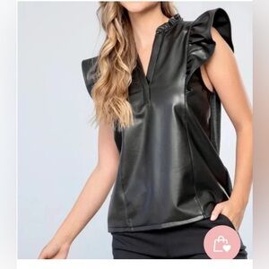 THML Black Faux Leather Ruffled Blouse S
